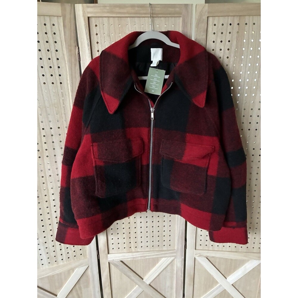 Short Checked Boxy Jacket Red Black H&M Pockets Collar NEW